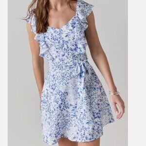 Francesca's Elianna Floral Flutter Dress Short White Blue Ruffle Tie Waist Large